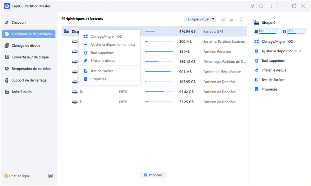 vérifier la taille totale du disque dur avec Easeus Partition Master