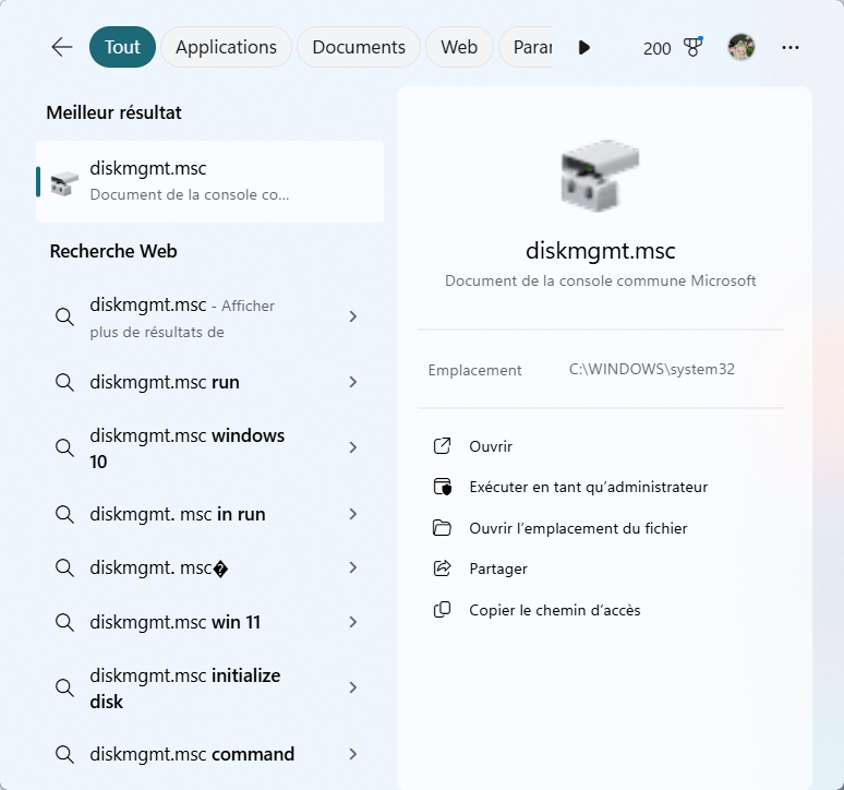 diskmgmt.msc menu de démarrage