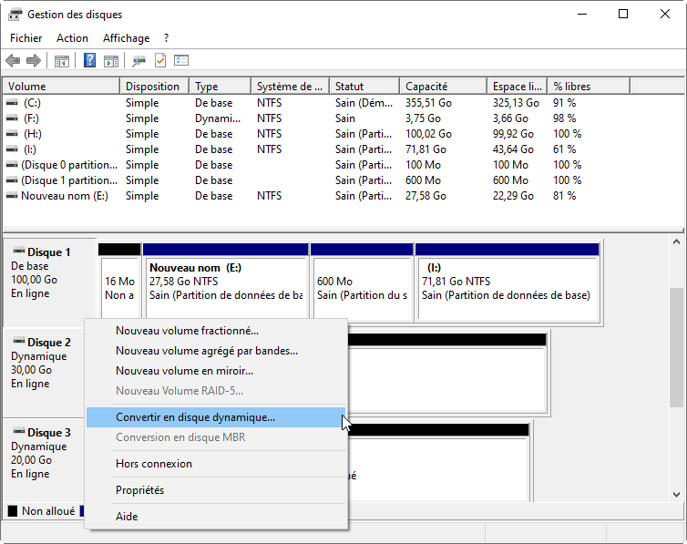 Option de clic droit sur le disque via Gestion des disques
