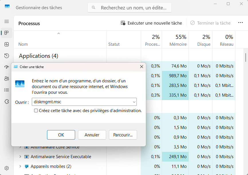 accéder à la gestion des disques via le gestionnaire de tâches