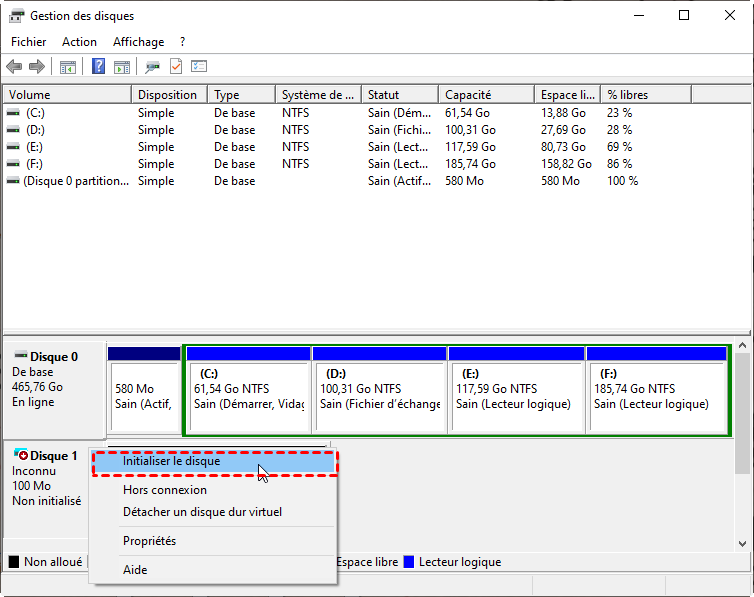 initialiser le disque dur ou le SSD avec la gestion des disques