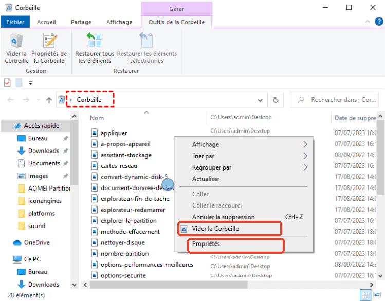 supprimer définitivement des fichiers de la corbeille