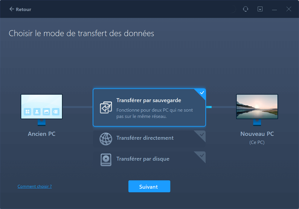 choisir le transfert via la sauvegarde