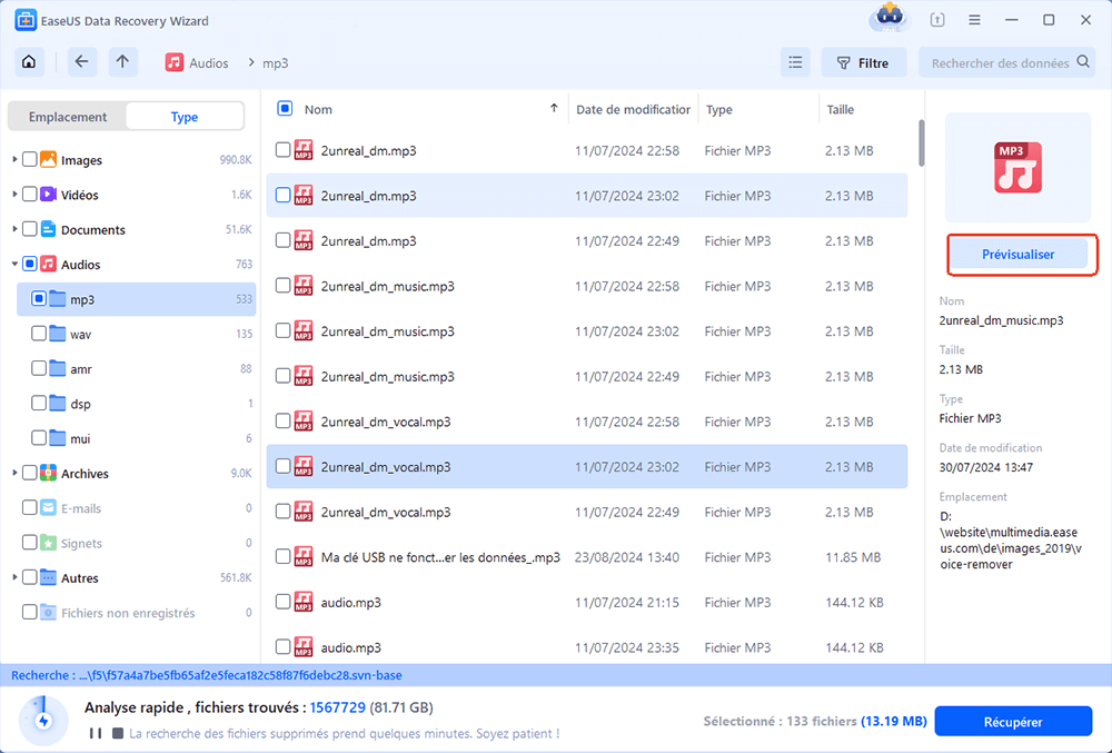 Prévisualisation des fichiers audio trouvés