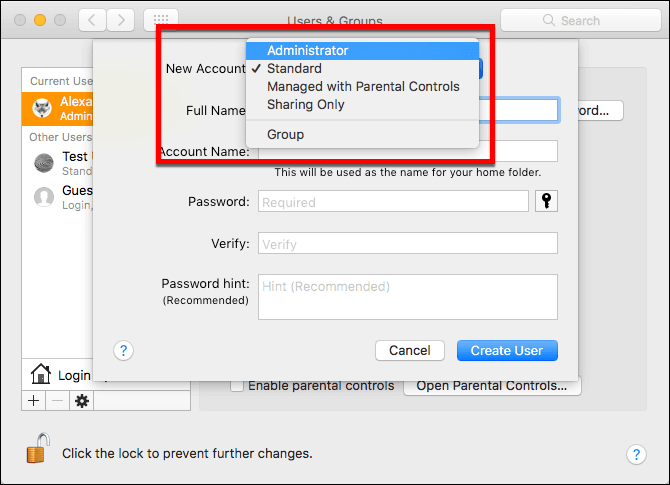 Choix du type de compte d'utilisateur