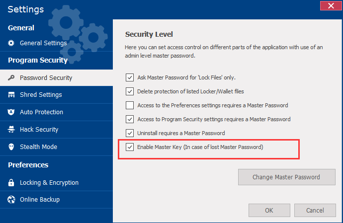 Activez la clé principale dans les paramètres de sécurité du mot de passe.