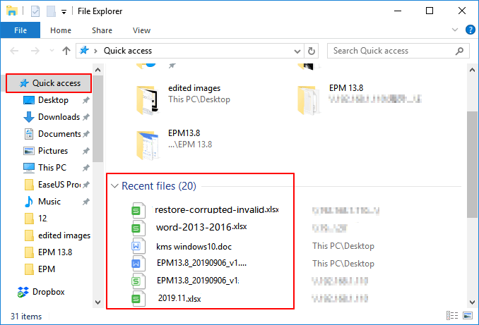 Rechercher un document récent dans Windows 10.