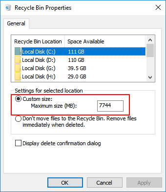 Le fichier est trop volumineux pour la corbeille