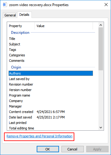 Supprimer les propriétés et les informations personnelles