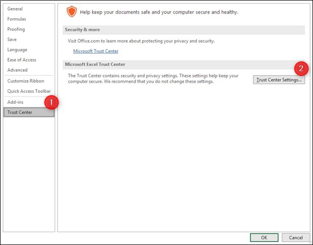 Entrer dans les paramètres du Trust Center