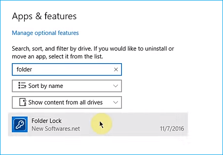 Trouvez Folder Lock dans Apps and Features.