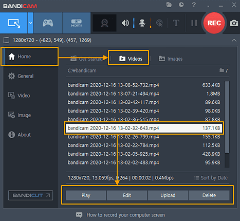 liste des enregistrements bandicam