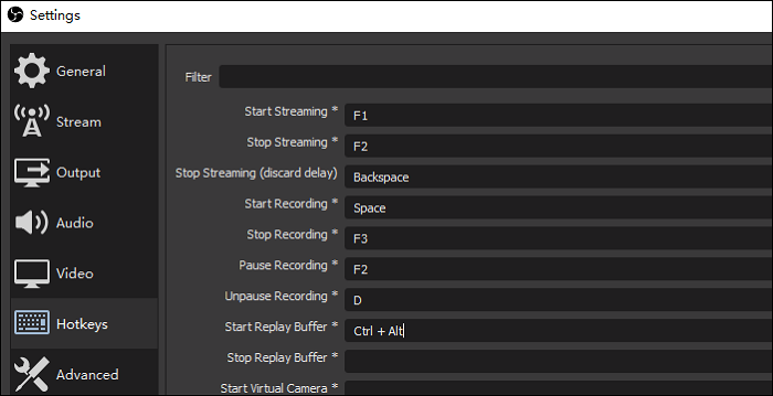 paramètres des touches de raccourci pour l'obs