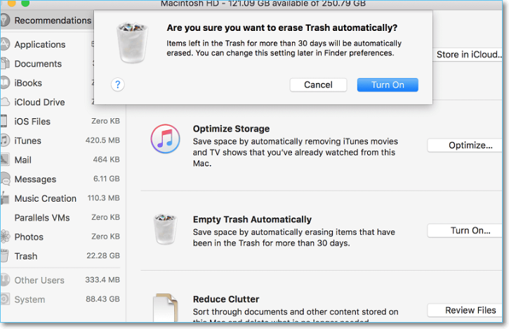Cliquez sur Activer pour vider la corbeille automatiquement