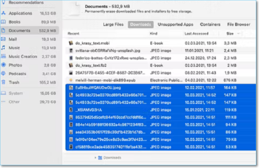 Explorez toutes les catégories pour sélectionner et supprimer des fichiers