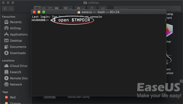 Tapez la commande dans le Terminal pour trouver le dossier TemporaryItems