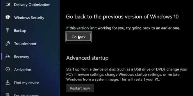 Revenir à la version précédente de Windows 10