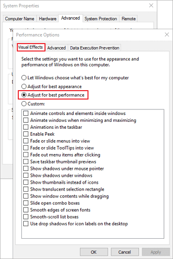 ajuster les performances d'apparence dans Windows 10