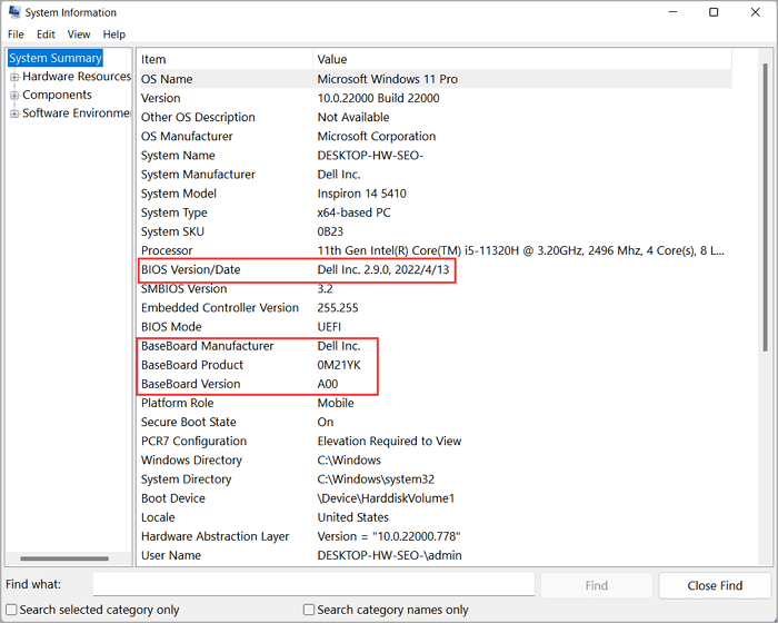 vérifier le BIOS et la version de la carte mère