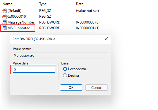 modifier la valeur msi prise en charge