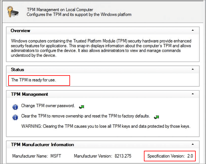 Vérifiez la version du TPM