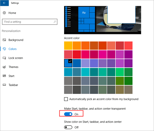 Désactivez la transparence pour accélérer Windows 10