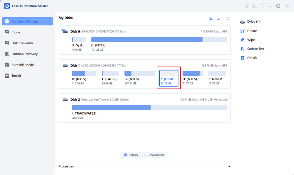 espace non alloué dans le maître de partition d'easeus