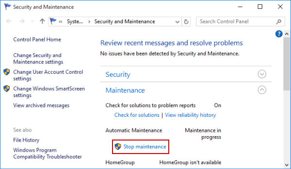 arrêtez Windows 10 maintenance