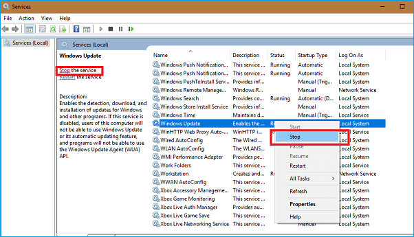 arrêter le service de mise à jour de Windows