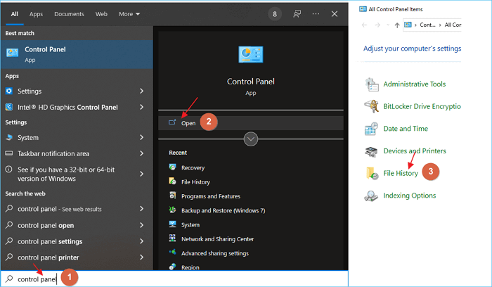 accéder à l'historique des fichiers dans windows 10 via le panneau de configuration