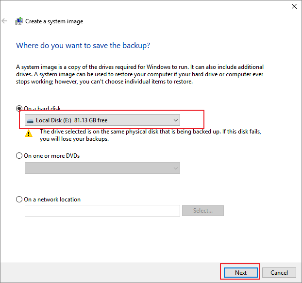 Sélectionnez USB pour sauvegarder l'image du système