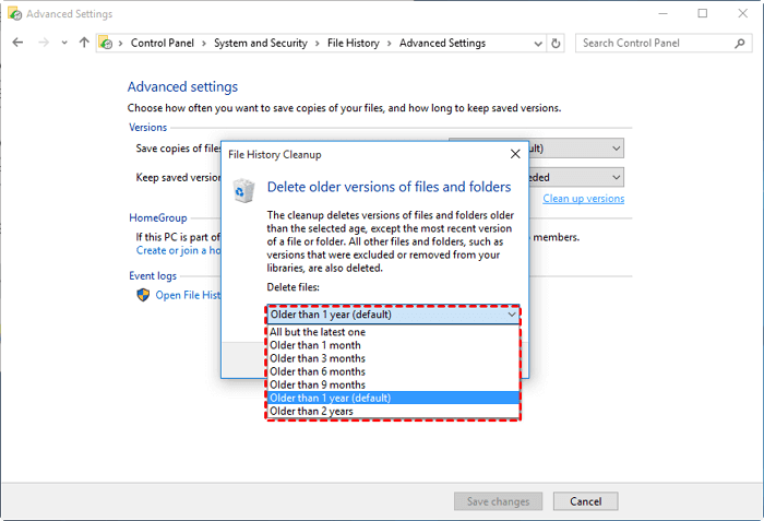 Supprimer la sauvegarde de l'historique des fichiers