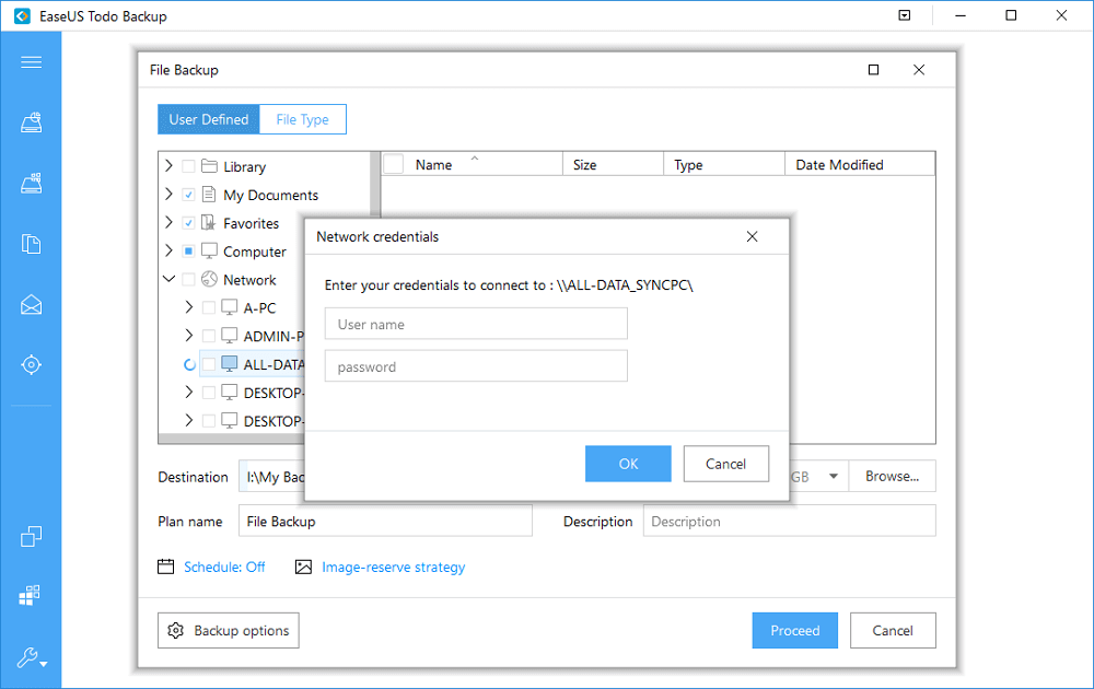 Sélectionnez les fichiers du réseau à sauvegarder.