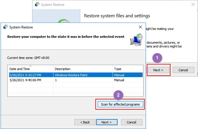 sélectionnez le point de restauration que vous voulez
