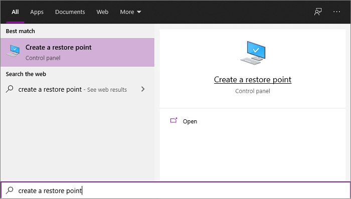 chercher à créer un point de restauration