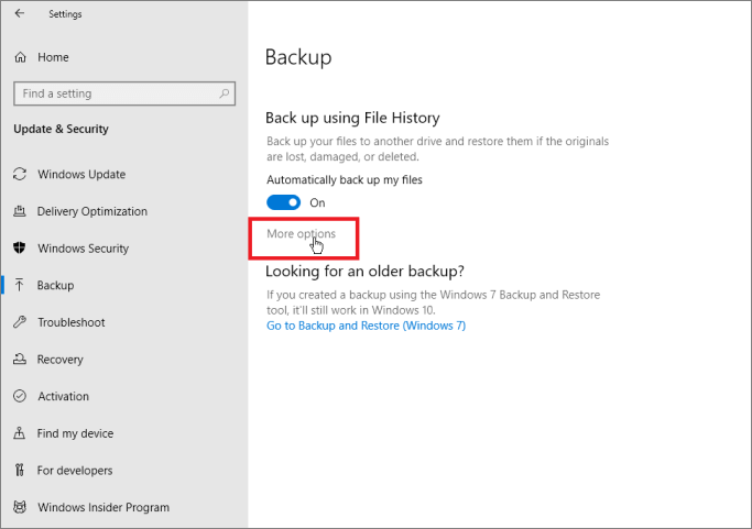 Activer l'historique des fichiers