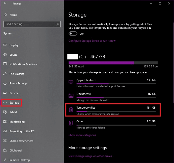 Choisissez Fichiers temporaires sous Stockage