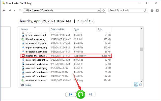 restaurer des fichiers de programmes à partir de l'historique des fichiers