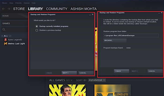 restaurer les jeux steam