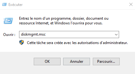 accéder à la gestion des disques via run