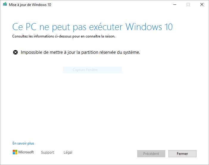 Il est impossible de mettre à jour la partition réservée du système