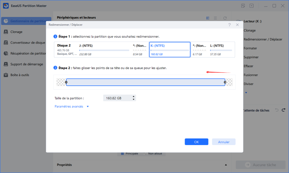Confirmez pour diminuer la partition