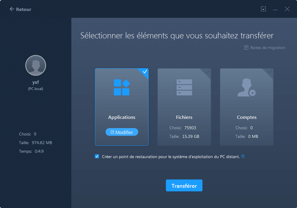 Sélectionnez les applications à transférer.