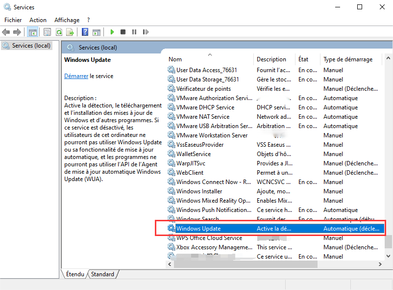 trouver windows update et double-cliquer dessus
