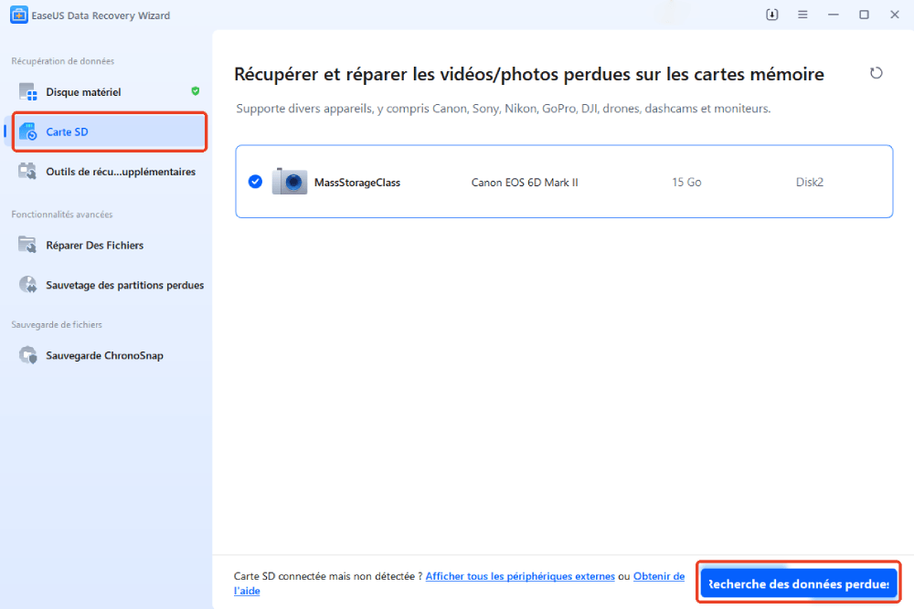 fonctionner le logiciel de récupération de données de carte SD