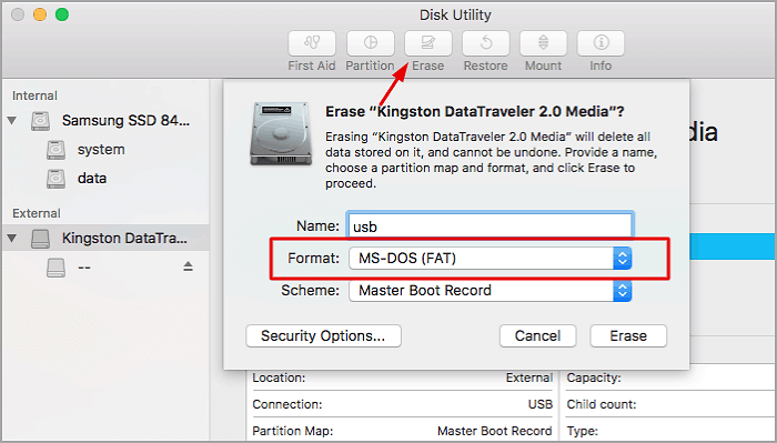 cliquez sur effacer et sélectionnez le format